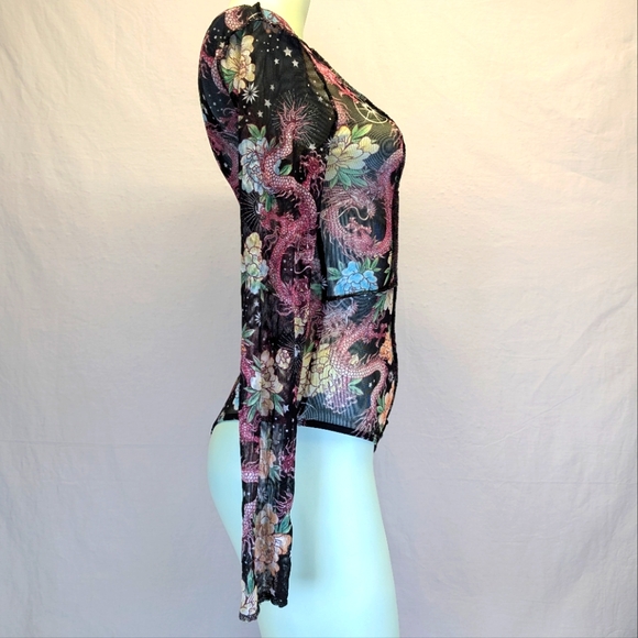 Rue21 Black Sheer Long Sleeve Dragon Print Mesh One-Piece Bodysuit (1-xs & 1-s) - Picture 4 of 13